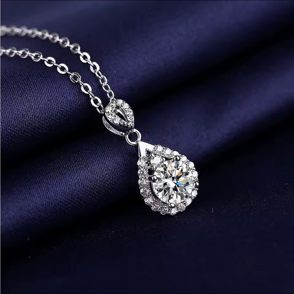 Sterling Silver Teardrop Halo Pendant Necklace - White Crystal